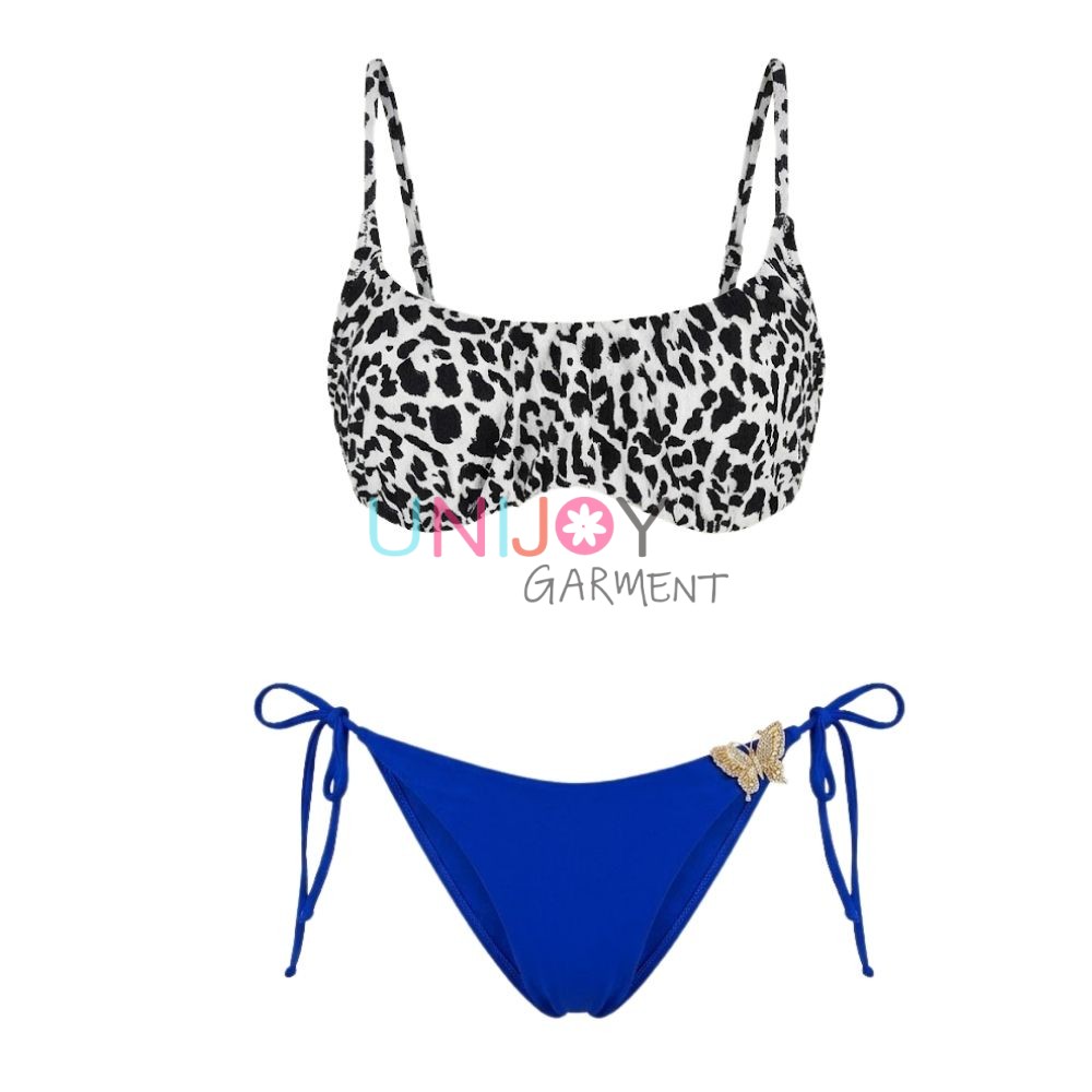 UNLBK260622-Women's Private Label Leopard Print & Royal Blue Bikini Set with Lace Sarong