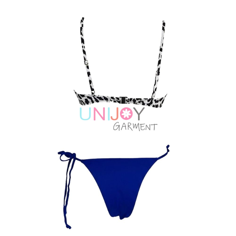 UNLBK260622-custom women's leopard print and royal blue swim set layered with the included sheer cream-white lace sarong skirt