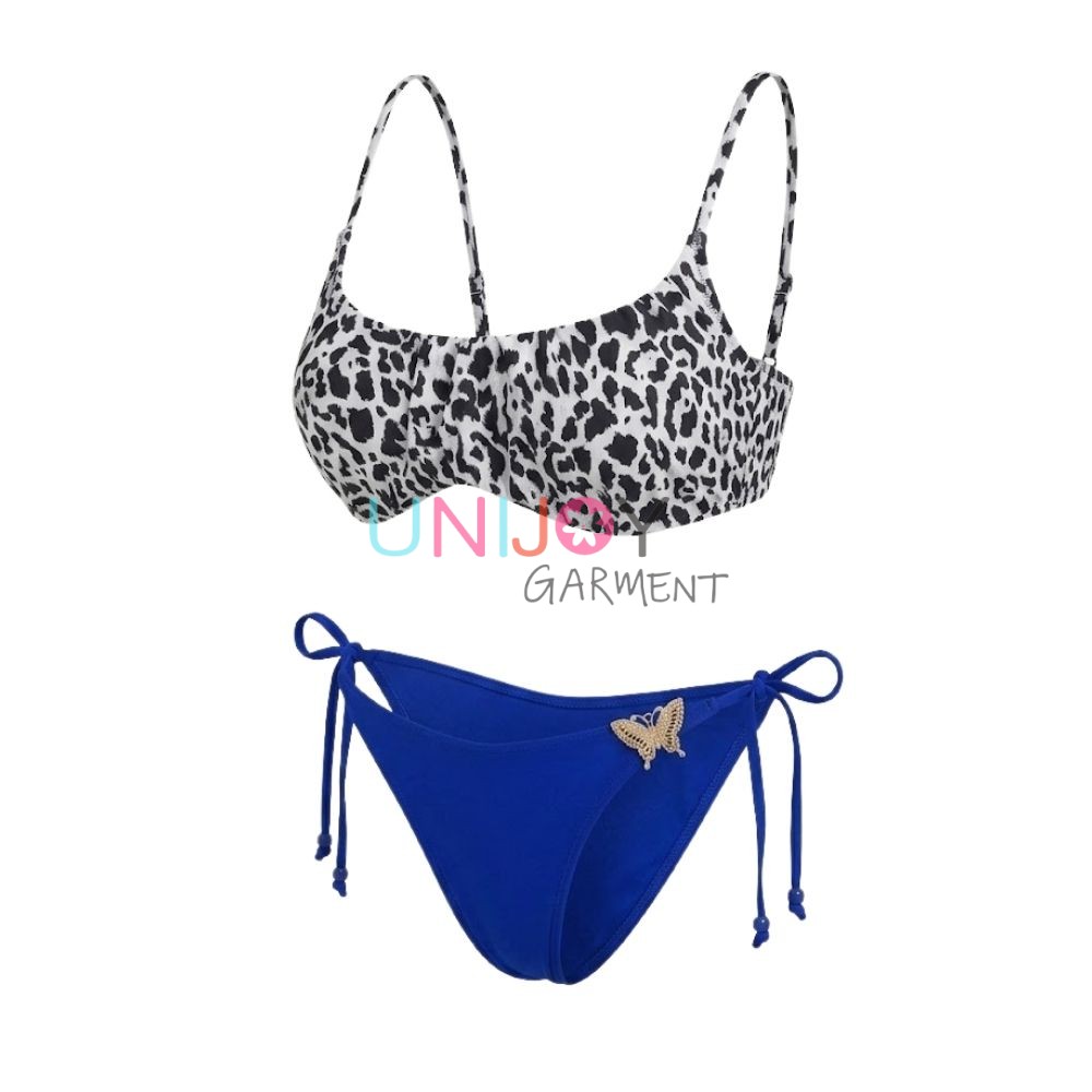 UNLBK260622-private label women's two-piece bikini set combining a leopard print underwire top and a solid royal blue side-tie bottom