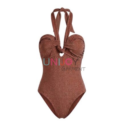UNLS260622 – Private Label Damen-Badeanzug mit Haltertop, einteilig, bronzefarben, metallisch glitzernd.