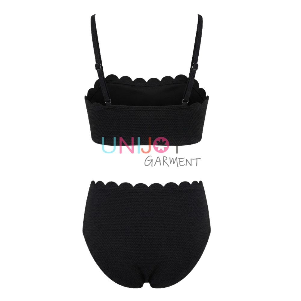 UNGBK260720-girls scalloped trim bikini set showing adjustable criss-cross straps and straight back band