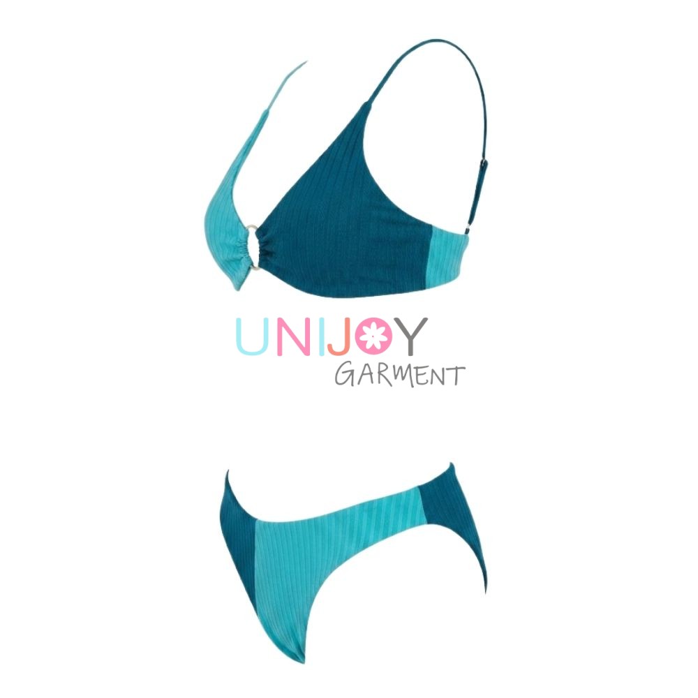 UNLBK260720-Women's two-tone ribbed bikini set in teal and turquoise with front O-ring hardware