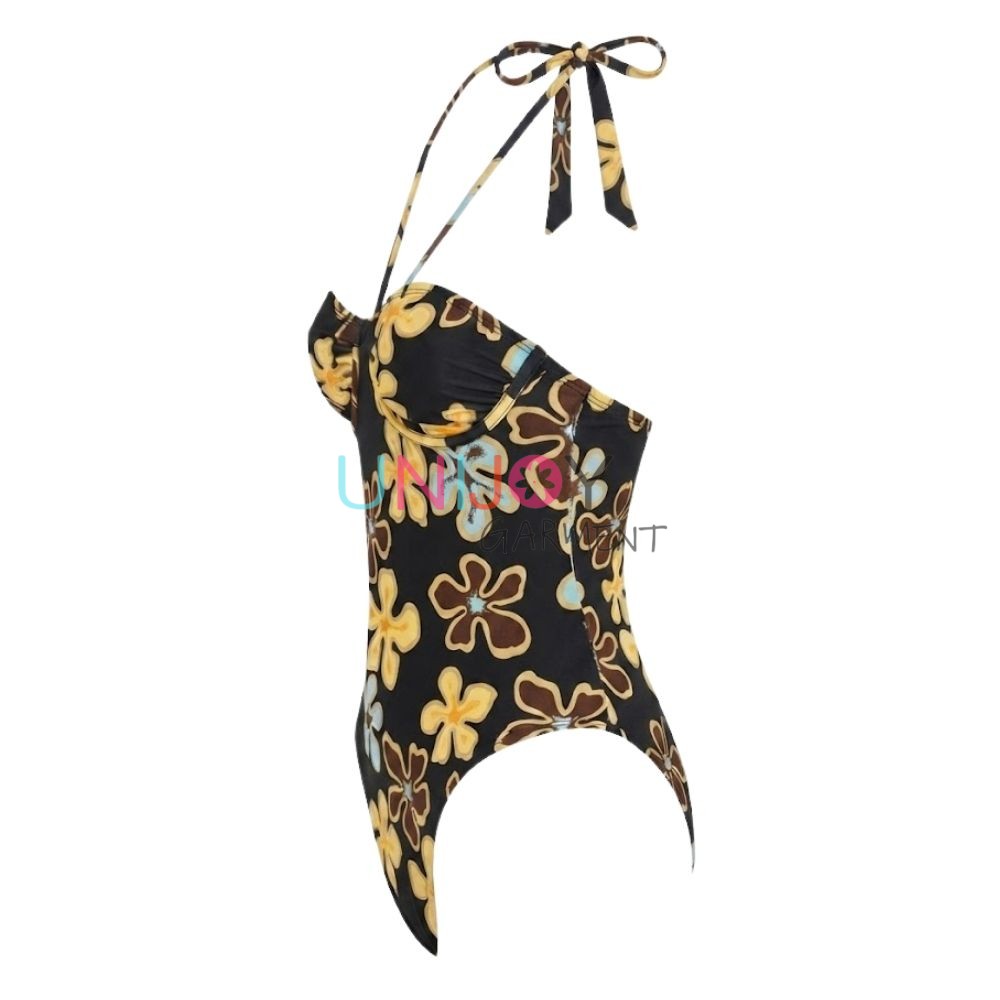 UNLS260717-Women's Floral Halter One-Piece Swimsuit Private Label Swimwear Manufacturer