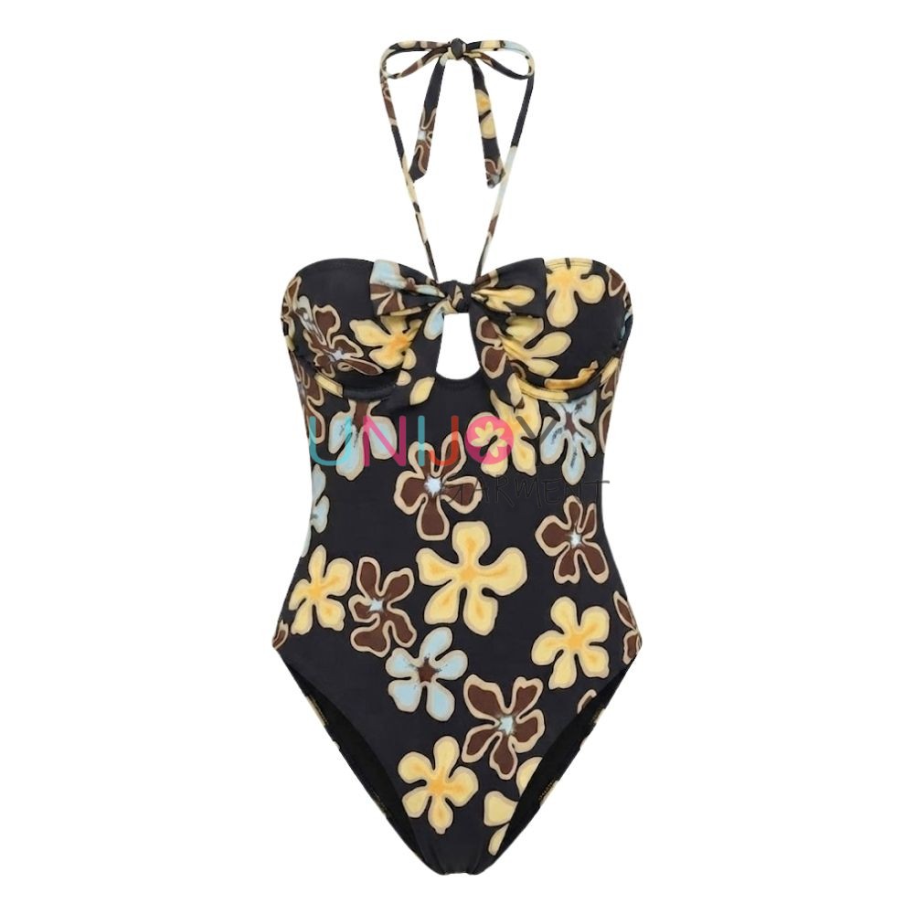 UNLS260717-Women's floral print one-piece swimsuit with halter neck and front bow detail