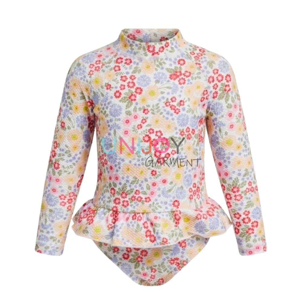 UNGR260810-Girls Private Label Long-Sleeve Rash Guard Swimsuit with Floral Print and Peplum Ruffle