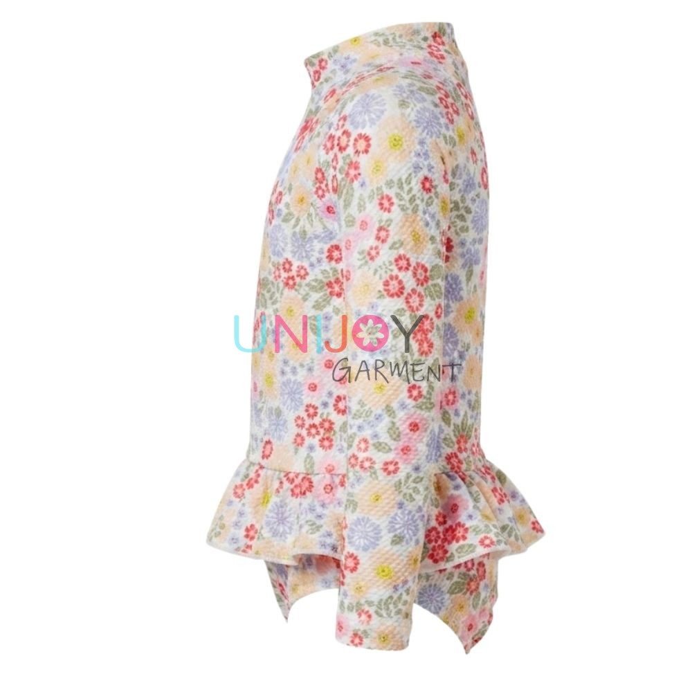 UNGR260810-Girls long-sleeve rash guard swimsuit with white multi-color floral print, mock neck, and peplum ruffle waist