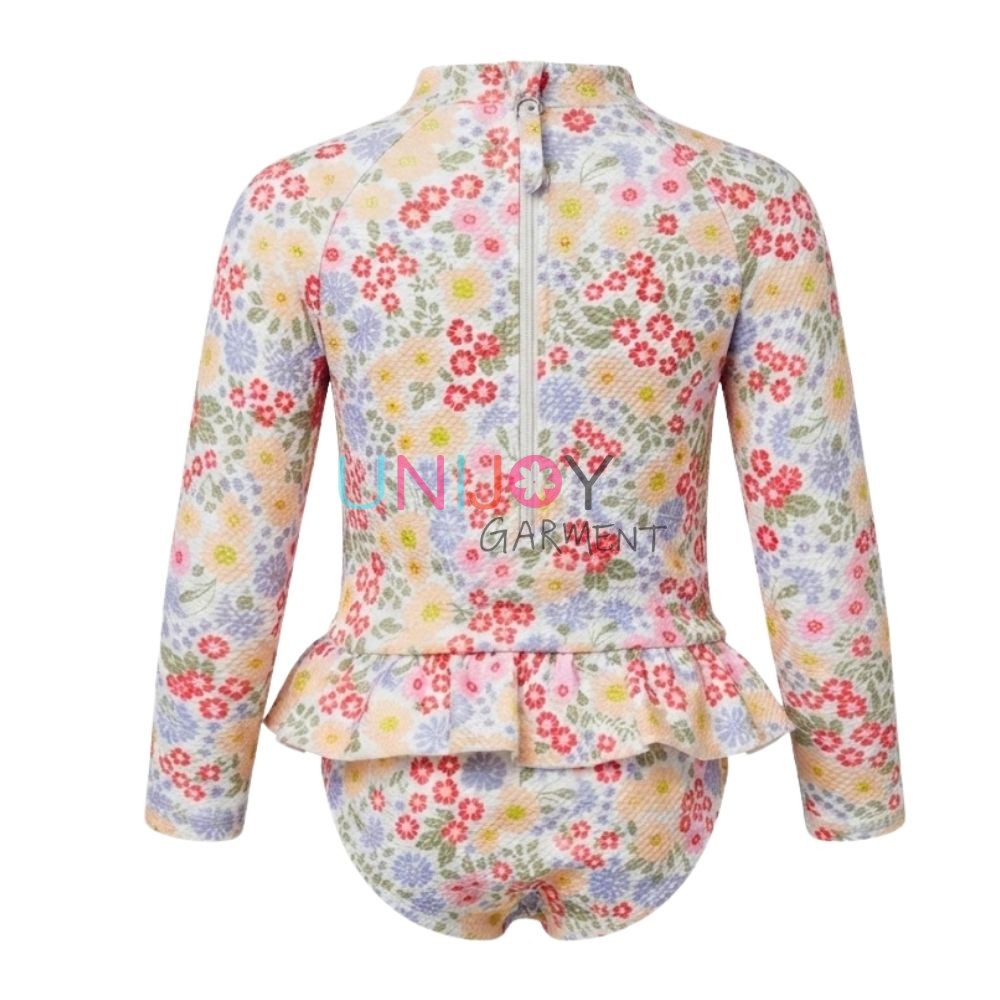 UNGR260810-girls floral long-sleeve rash guard swimsuit showing the mock neck and back zipper closure